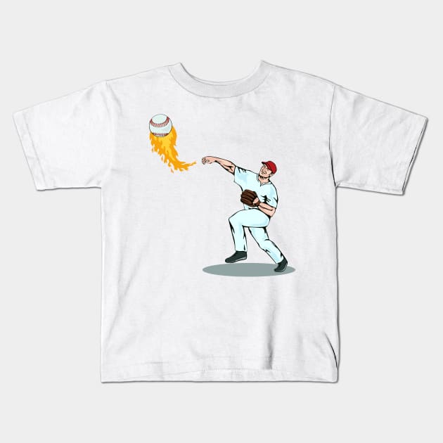 On Fire Baseball Pitcher Kids T-Shirt by retrovectors